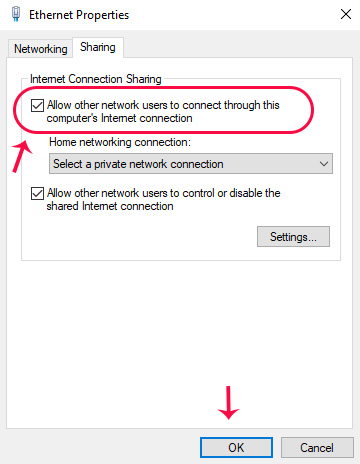 تنظیمات Internet Connection Sharing در windows 10